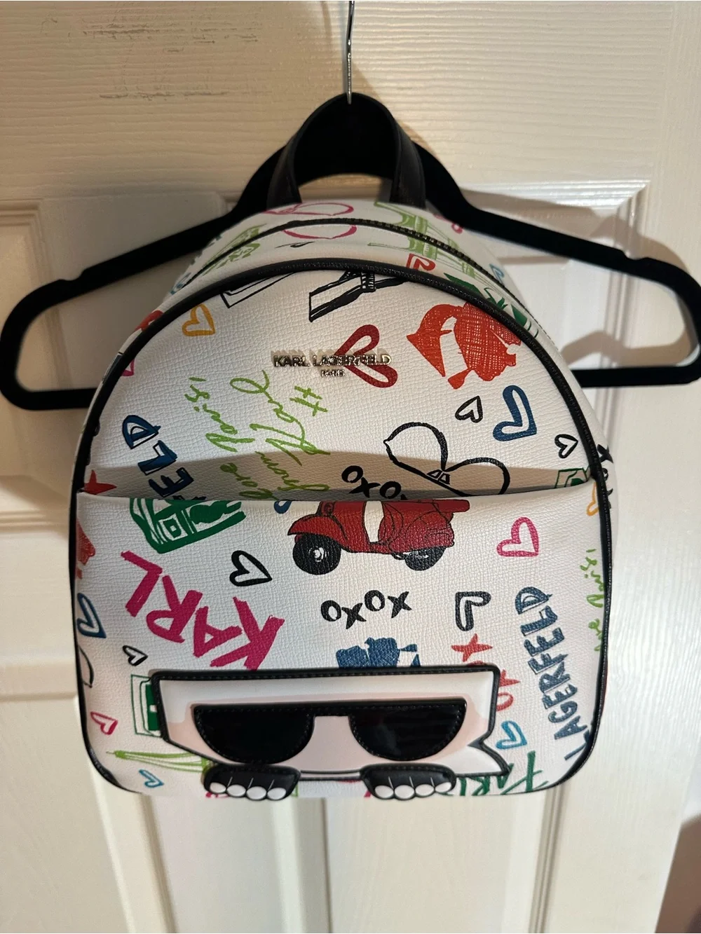 Karl Lagerfeld White Multicolor Graffiti Mini Backpack with Karl Face Applique